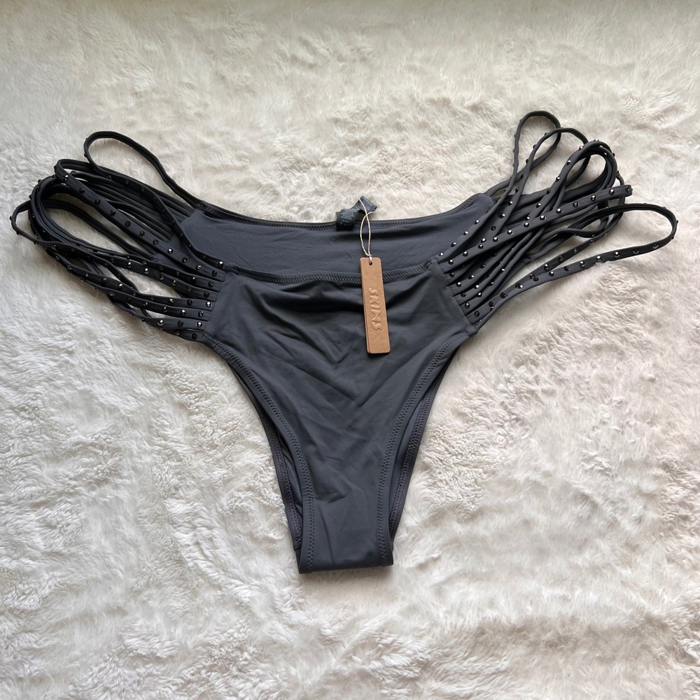 Skims Rhinestone Swim Strappy Bikini Bottom Gunmetal Grey BB-CKY-3185 4X NEW